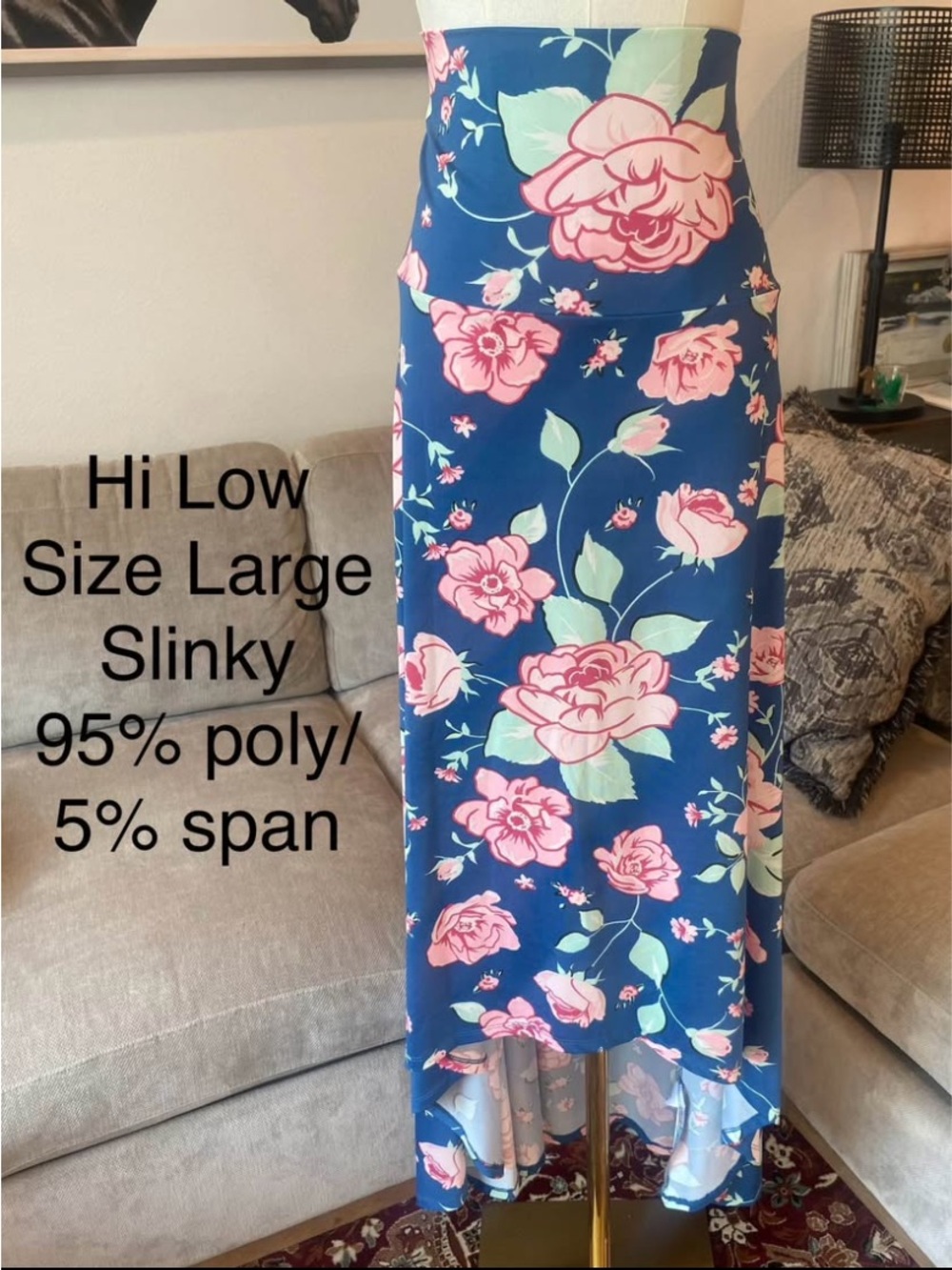 Women’s Hi-Low Floral Skirt - Teal Blue with Pink Roses Size Large